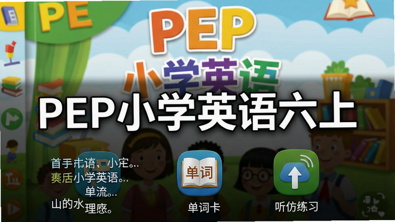 一张展示PEP小学英语六上手机应用主界面的截图,背景是彩色课本封面,中间醒目位置放置软件名称“PEP小学英语六上”,下方排列课文列表、单词卡、听力练习等图标,整体布局简洁明快,画质高清,干净无多余元素,适合小学生使用的教育类App预览图