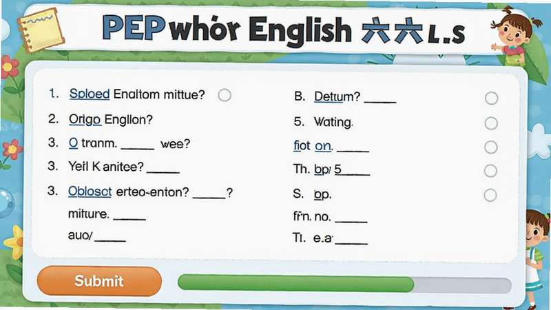 展示PEP小学英语六上单元测试界面,上方显示单元标题,中间是选择题选项,底部有提交按钮和进度条,界面色彩活泼,画质细腻预览图