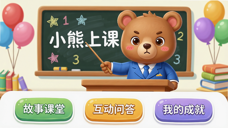 主体:小熊上课App主界面,中心是可爱的小熊老师卡通形象,身穿蓝色西服,手持教鞭,面前有黑板,黑板上写着“小熊上课”四个大字。布局:画面分为上下两部分,上方是小熊老师站立讲台,下方是三个功能按钮“故事课堂”、“互动问答”、“我的成就”。排版:儿童手绘风格,圆角卡片设计,色彩明亮柔和。细节:小熊耳朵竖起,表情认真,黑板上有粉笔画的星星和数字,背景有彩色气球和书本。画质:高清渲染,干净无多余元素。