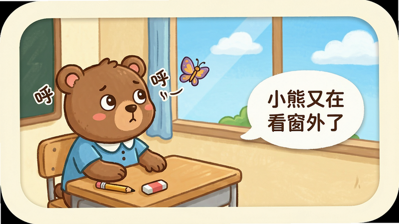 主体:小熊上课App内故事播放界面,画面中小熊坐在课桌前,眼神飘忽,旁边飞过一只蝴蝶。布局:左侧是故事场景,右侧有文字气泡显示“小熊又在看窗外了”。排版:绘本风格,浅色背景,圆润边框。细节:课桌上有铅笔和橡皮,窗外有蓝天白云,小熊的耳朵边有“呼呼”音效文字。画质:清晰卡通,无多余元素。