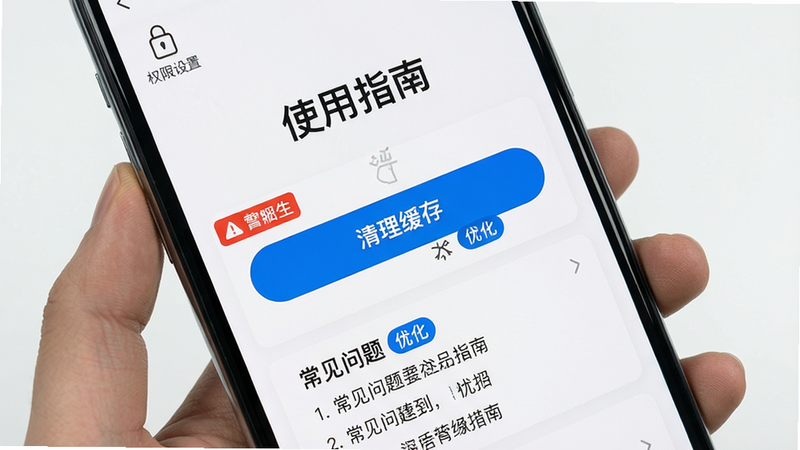 主体:手机屏幕上显示自拍神器使用指南界面,左上角有权限设置图标,中间有清理缓存按钮,底部有常见问题列表,布局分区清晰,排版简洁,风格实用教程风,细节有红色警告标签和蓝色优化标签,背景白色,画质干净,无多余元素,文字“使用指南”