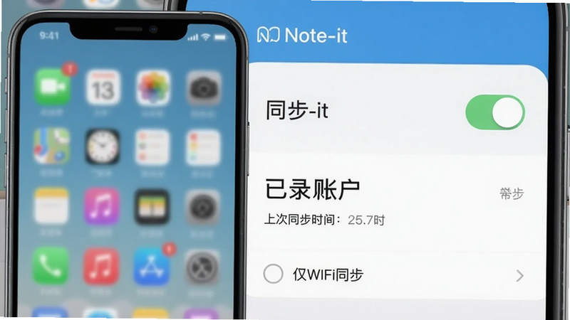 Note-it ��ͬ�����ý��棺�ֻ���ʾͬ�����ء��ѵ�¼�˻����ϴ�ͬ��ʱ�䣬�·��С���WiFiͬ����ѡ������࣬��Ϣ���������ͳһ��