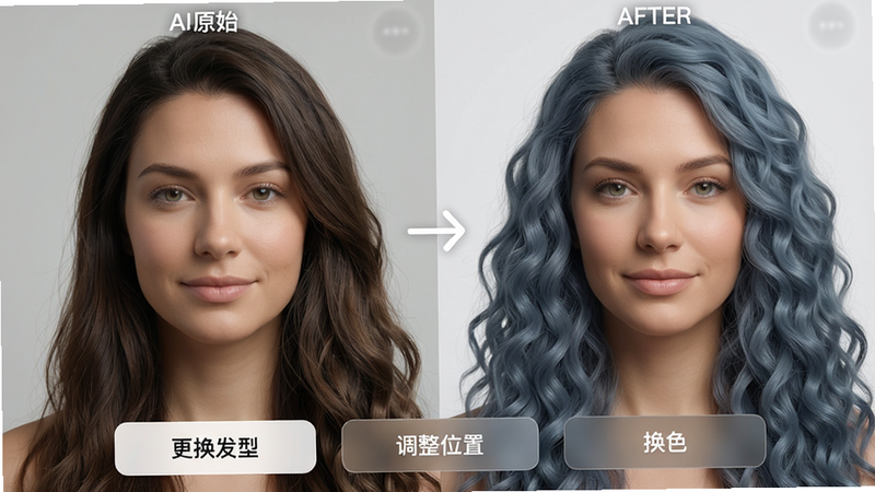 主体:AI试戴功能对比界面,布局:左半部分显示用户原始照片,右半部分显示试戴长卷发并染成雾蓝色后的效果,中间有箭头对比。底部有“更换发型”“调整位置”“换色”三个按钮。风格:写实与UI结合,细节:发丝光影自然,脸部轮廓清晰。画质:高清,无多余元素。