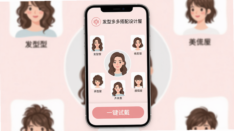 主体:发型多多搭配设计屋的主界面预览,布局:手机屏幕居中,浅粉色背景,顶部有圆形Logo和中文名称“发型多多搭配设计屋”,中部显示一个女性用户头像,周围环绕多个发型缩略图,底部有“一键试戴”大按钮。风格:扁平化清新设计,色调柔和。细节:每个发型缩略图下方有简短名称,界面整洁。画质:高清,无多余元素。