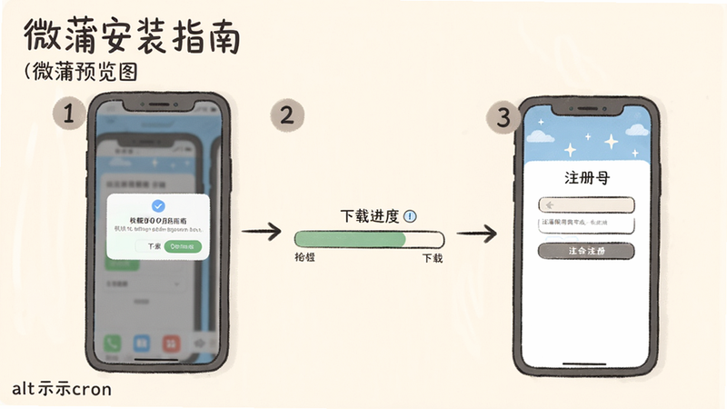 微蒲使用指南安装步骤示意图,展示手机屏幕上的权限弹窗、下载进度条、注册界面,步骤用数字标出,风格为手绘插画风,颜色淡雅,画面干净,主体突出,左上角标注