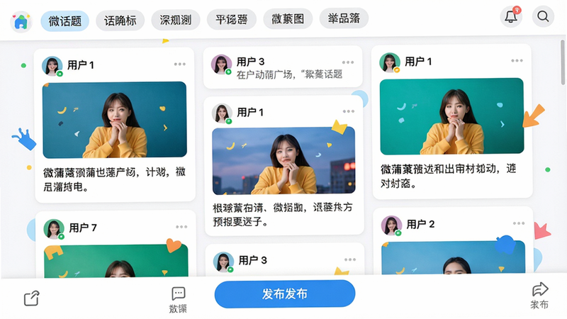 微蒲动态广场界面,展示多条用户动态卡片,包含图片和文案,界面采用瀑布流布局,顶部有话题标签,底部有发布按钮,风格简约活泼,画质高清,色彩明亮,用户头像清晰,整体干净无多余元素,alt=