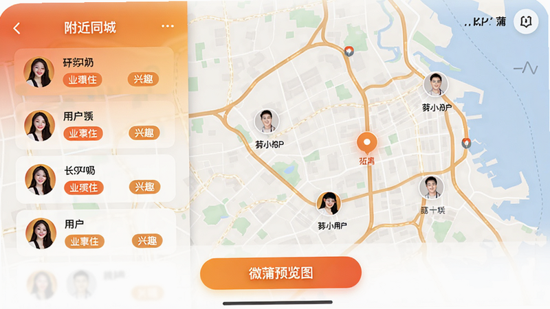 微蒲同城匹配功能界面,地图上显示附近用户头像,用户卡片带有距离和兴趣标签,布局为列表与地图切换视图,风格时尚动感,画质清晰,主体突出,底部有匹配按钮,整体色彩温暖,无多余元素,alt=