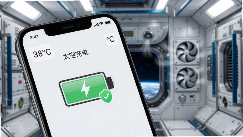 ��ʾ�ʣ��ֻ���Ļ��ʾ��̫�ճ�硱�¿ؽ��棬���Ͻ���ʾ��ǰ�¶�38��C�����ͼ�������ɫ��ȫ��ʶ������Ϊ̫��վ�ڲ������ɢ�ȷ��ȶ������������������Ƽ��У������������ɾ��޶���Ԫ�ء�