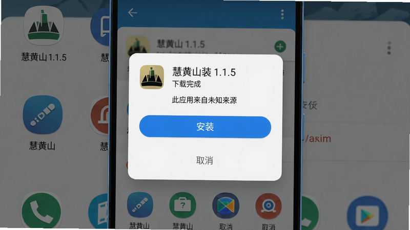 主体: 手机上显示慧黄山安装包下载完成界面,屏幕顶部有“安装”按钮,下方有“取消”按钮,周围有应用图标和名称“慧黄山 1.1.5”。布局: 手机竖屏居中,背景为系统安装弹窗风格。排版: 弹窗中文字排列整齐,包含“此应用来自未知来源”提示。风格: 原生Android 12 Material You弹窗设计。细节: 图标阴影光滑,安装按钮为蓝色高亮。画质: 干净清晰,无多余元素。