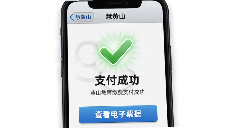 主体: 一张手机截图显示慧黄山教育缴费支付成功页面,屏幕中央出现绿色对勾和“支付成功”字样,下方有“查看电子票据”按钮。布局: 手机竖向居中,背景为纯白色。排版: 页面顶部有“慧黄山”返回箭头和标题,中部是大号对勾图标,底部按钮蓝色。风格: 拟物化+轻微阴影,提示文字清晰。细节: 对勾图标有发光效果,按钮上文字“查看电子票据”为白色加粗。画质: 展现屏幕细节,无指纹或反光。