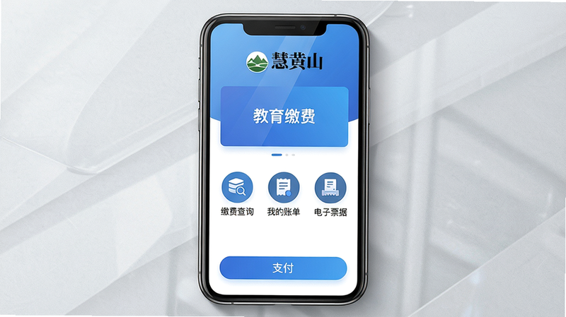 主体: 手机屏幕展示慧黄山主界面,上方显示“慧黄山”品牌Logo和“教育缴费”入口卡片。布局: 居中构图,手机设备占画面70%,周围留白。排版: 界面中清晰可见“缴费查询”“我的账单”“电子票据”三个功能图标,底部有支付按钮。风格: 现代扁平化设计,主色调为蓝色渐变,背景为浅灰色商务质感。细节: 手机屏幕反射柔和光线,边缘有细微阴影,界面文字“慧黄山”使用宋体加粗。画质: 8K超清,干净无多余元素。