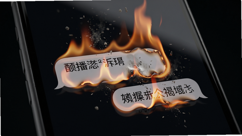 一部手机屏幕上显示聊天气泡正在燃烧消失的动画瞬间,火焰包裹着文字气泡,背景为暗色调。主体为手机屏幕特写,火焰特效逼真,温度感强。排版为居中特写,手机边框采用哑光金属质感。风格电影级写实,细节包括灰烬飘散和屏幕反光,画质4K,干净无杂物。