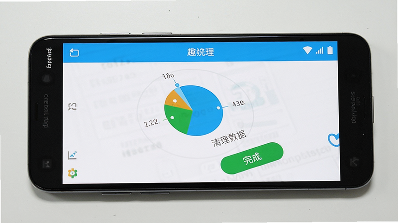 一张展示趣清理App主界面与清理结果的手机屏幕截图,主体为一部安卓手机平放,屏幕显示趣清理的清理完成页面,布局居中,风格写实,细节包括手机边框、清理数据饼图、按钮“完成”,画质高清干净,无多余元素