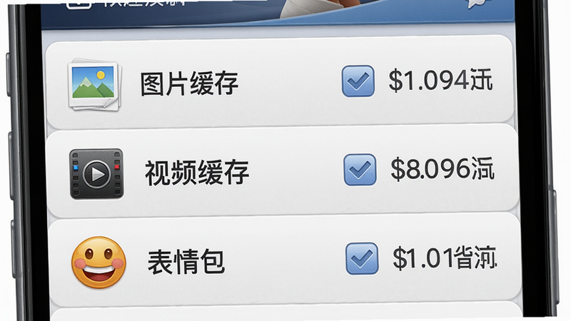 一张趣清理中微信专清功能界面,主体为手机竖屏,列表显示“图片缓存”、“视频缓存”、“表情包”等选项,每个选项后有勾选框和大小,布局列表式,风格UI拟物化,细节清晰,画质干净