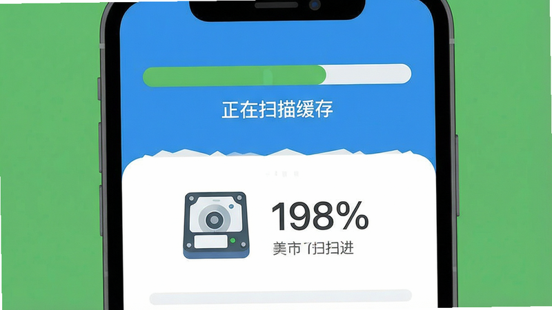 一张趣清理App扫描垃圾的动画界面,主体为手机屏幕上半部分显示扫描进度条与“正在扫描缓存”文字,布局居中,风格扁平化,细节包括磁盘图标、百分比数字,画质干净,无多余元素