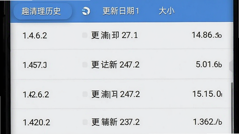 一张手机屏幕截图显示趣清理的版本更新历史,主体为列表包含版本号、更新日期、大小,布局纵向列表,风格简洁,细节有“1.4.6.2”等数字,画质干净,无多余元素