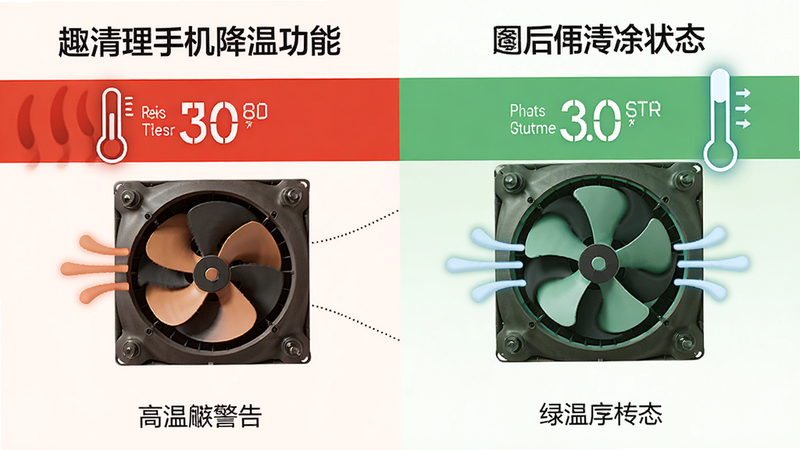 一张趣清理手机降温功能的前后对比图,左边显示高温红色警告,右边显示绿色清凉状态,布局左右分屏,风格信息图,细节包括温度数值、冷却风扇图标,画质高清,无多余元素