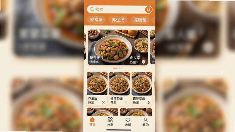 ���壺���Ƚ�����ʳ����App�����棬���֣�����Ϊ�������ͷ��ർ�����ҳ��ˡ�����������֬�͵ȣ����в�Ϊ�Ƽ����״�ͼ�ֲ����ײ����ܱ�ǩ����ҳ�����ࡢ�ղء��ҵģ����Ű棺��Ƭʽ�ٲ�����ͼƬռ��������񣺱�ƽ����ůɫ������ɫ���װ�ɫ����ϸ�ڣ�ÿ�Ų���ͼ�������ֱ�ע����������������ɾ��޶���Ԫ�ء����ʣ����壬��͹��ߡ�