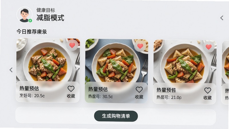 ���壺���Ƚ�����ʳ���׵������Ƽ�ҳ�棬���֣�������ʾ�û�ͷ��ͽ���Ŀ�꣨�硰��֬ģʽ�������·�Ϊ�����Ƽ������Ϳ�Ƭ��ÿ�ſ�Ƭ��ʾ����������Ԥ�������ʱ�����Ű棺ˮƽ������Ƭʽ������Ϊǳ��ɫ������ִ���Լ������΢ë����Ч����ϸ�ڣ���Ƭ���С��ղء�����ͼ�꣬�ײ��С����ɹ����嵥����ť�����ʣ��������޶���Ԫ�ء�