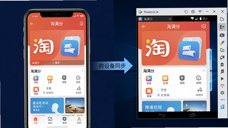 一张分屏截图,左侧为手机屏幕显示淘满分主界面,右侧为电脑安卓模拟器窗口运行同一应用,中间用箭头标注“跨设备同步”,整体风格为科技感扁平,画质高清,背景深蓝色,干净无多余元素。