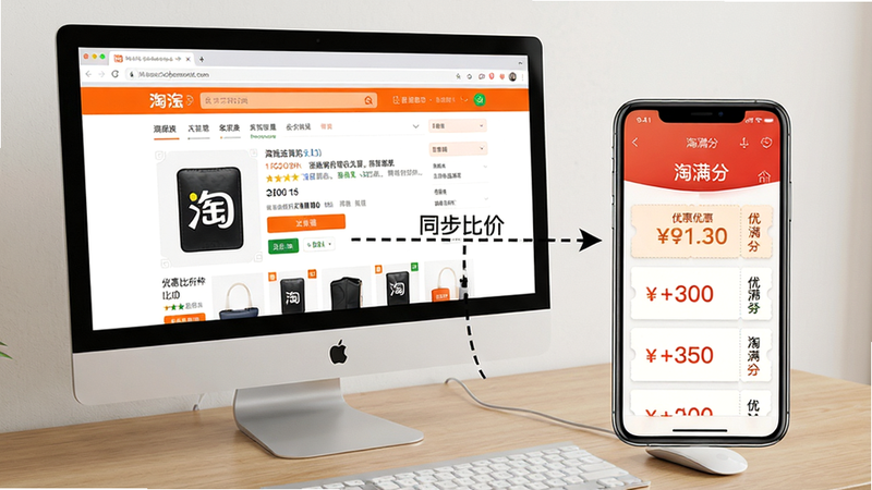 一张电脑与手机并排摆放的桌面场景,电脑屏幕显示淘宝商品详情页,手机屏幕显示淘满分的优惠券列表页面,两张屏幕通过虚线箭头连接,箭头旁标注“同步比价”,整体风格写实,细节包括商品图片、优惠券面额数字,画质清晰干净,无多余元素,背景为简约木纹桌面。