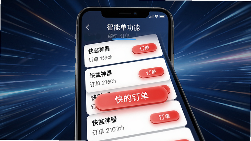 手机界面显示“快盆神器”智能抢单功能,订单列表快速滚动,红色抢单按钮突出,背景有速度线条表示实时,风格科技感,布局居中,排版紧凑,画质高清,干净无多余元素。