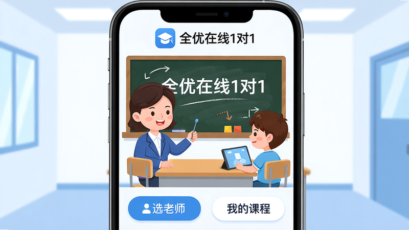 主体:全优在线1对1App主界面,中央一位卡通老师与学生面对面坐在课桌两侧,背景为虚拟教室黑板,上面写有“全优在线1对1”字样。布局:界面居中,上方有App名称和Logo,下方有“选老师”“我的课程”等按钮。排版:扁平化设计,图标简洁。风格:卡通教育风格,蓝色和白色为主色调。细节:老师面带微笑,学生面前有平板电脑。画质:高清、干净、无多余元素。
