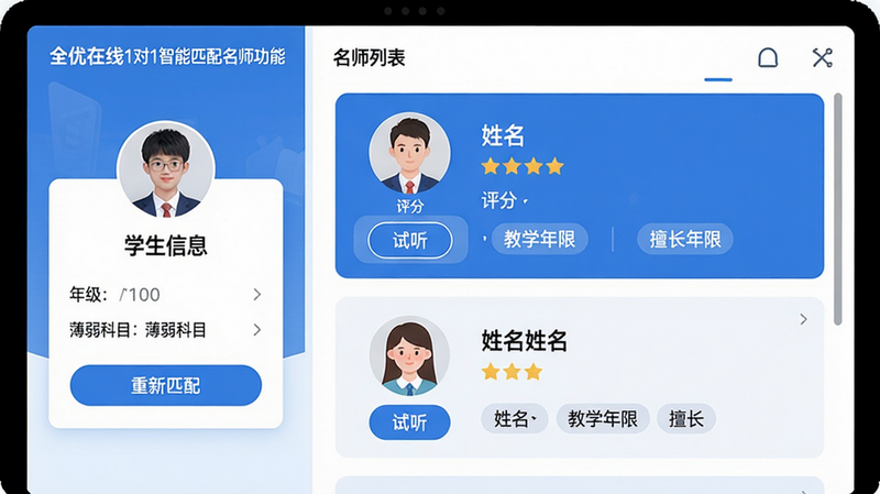 主体:全优在线1对1智能匹配名师功能界面,左侧为学生信息卡片(含年级、薄弱科目),右侧展示名师列表(头像、姓名、评分、教学年限、擅长标签)。布局:左右分栏,左侧窄右侧宽。排版:卡片式设计,名师列表可滚动。风格:扁平化,蓝色主调,白色背景。细节:学生卡片底部有“重新匹配”按钮,名师头像下方有“试听”按钮。画质:高清、干净、无多余元素。