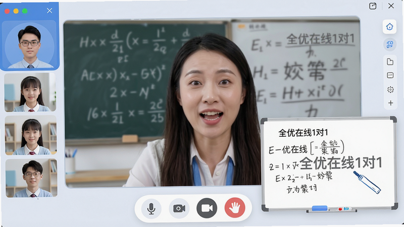 主体:全优在线1对1实时互动课堂截图,主视频窗口显示老师头像和表情,侧边栏展示学生头像,中央白板区域有数学公式和手写笔迹。布局:视频窗口占大半,白板浮于右下角,底部有工具栏(麦克风、摄像头、举手、设置)。排版:简洁清晰,色彩柔和。风格:教育科技感,蓝色和浅灰色搭配。细节:白板上有“全优在线1对1”水印,工具栏图标圆角设计。画质:高清、干净、无多余元素。