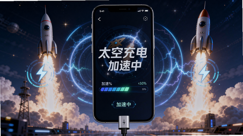 主体是手机连接充电线,屏幕显示“太空充电”加速中,背景有火箭发射与能量波纹,布局为手机居中,左右两侧有充电动画特效,风格为游戏化赛博朋克风,细节包括加速百分比进度条和“加速中”文字,画质干净明亮
