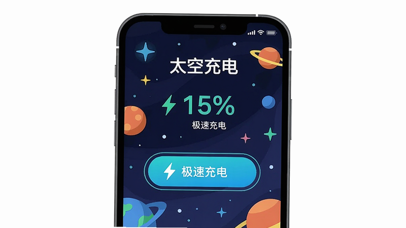 主体为手机屏幕上显示“太空充电”主界面,界面中央有“极速充电”按钮,背景是星空与行星布局,风格为科技感扁平化插画,细节包括充电百分比数字和闪电图标,画质高清干净,无多余元素