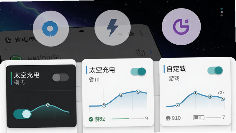 主体是手机设置界面展示“太空充电”的模式切换卡片,背景有省电、游戏、自定义三个圆形图标,布局为三列卡片排版,风格为Material Design,细节包括开关滑块与电量曲线图,画质高清无杂乱