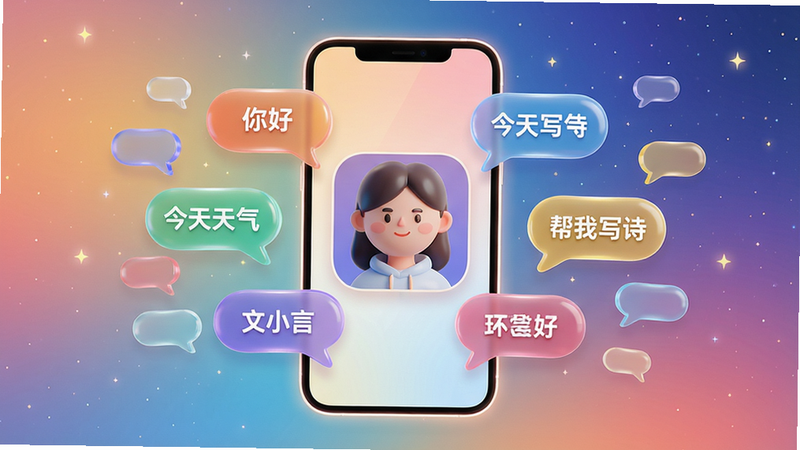 主体:文小言App的3D模型界面悬浮在智能手机屏幕中央,周围环绕着彩色对话气泡,气泡内显示“你好”“今天天气”“帮我写诗”等文字。布局:手机居中摆放,背景为渐变色星空,气泡从手机屏幕向外扩散。排版:手机正面朝向观众,气泡大小不一错落有致。风格:科技感与温暖结合,柔光质感,干净明亮。细节:手机边缘有微弱发光,气泡半透明带光泽,文字清晰可读。画质:超高清4K,渲染细腻,无多余元素。