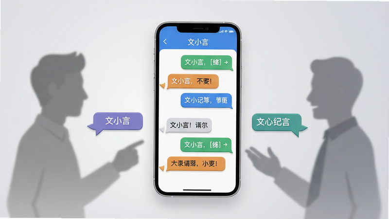 主体:两个人形剪影正在手机屏幕两侧对话,手机悬浮中间显示“文小言”对话框,对话框内有多轮问答记录。布局:左右剪影对称,手机居中,对话记录从上到下排列。排版:剪影为半透明虚化,手机实焦,对话气泡用不同颜色区分。风格:扁平化加微立体,简洁明快。细节:对话气泡有箭头指向,字体清晰,背景浅灰渐变。画质:高清,无多余元素。