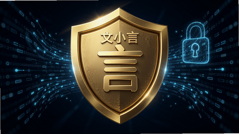 主体:金色盾牌图标中间有一个“文小言”的“言”字,背景是数据流线条加密锁。布局:盾牌居中,数据流从四周汇聚到盾牌。排版:盾牌高光质感,数据流为淡蓝色线条。风格:科技安全风,暗色背景。细节:盾牌表面有细微纹理,数据流有流动动画感。画质:4K,无多余元素。