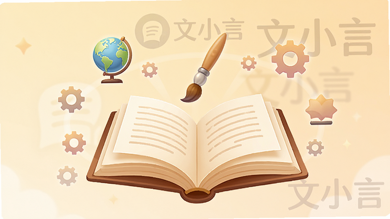主体:一本打开的书本悬浮在空中,书页上方冒出知识图标(如地球仪、笔刷、齿轮),背景有“文小言”的logo水印。布局:书本居中展开,知识图标围绕书本环形排列。排版:书本为实心,图标半透明浮动,大小渐变。风格:插画风,色彩柔和暖色调。细节:书页有文字线条,图标有微光。画质:高清,无多余元素。