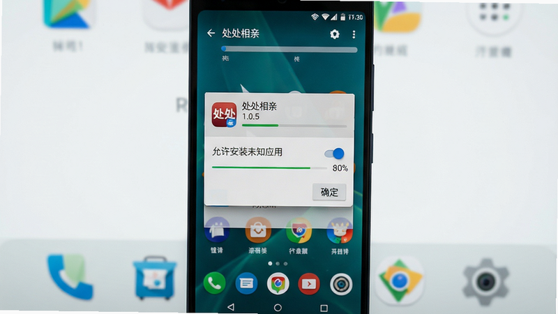 主体:处处相亲的安卓手机安装界面截图,显示安装进度条和权限请求弹窗;布局:手机屏幕正面居中,背景为桌面,弹窗在屏幕中央;排版:弹窗内有“允许安装未知应用”开关和“确定”按钮;风格:写实截屏风格,系统原生UI;细节:弹窗文字显示“处处相亲”图标和版本号1.0.5,安装进度条走至80%;画质:清晰无噪点,背景干净
