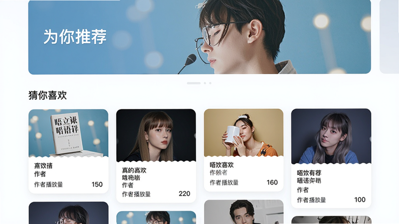 主体:唔语推荐页面,布局:顶部是“为你推荐”banner,下方是“猜你喜欢”卡片流,排版:瀑布流形式,风格:现代卡片式,细节:每张卡片显示书名、作者、播放量,画质:清晰明亮,无多余元素