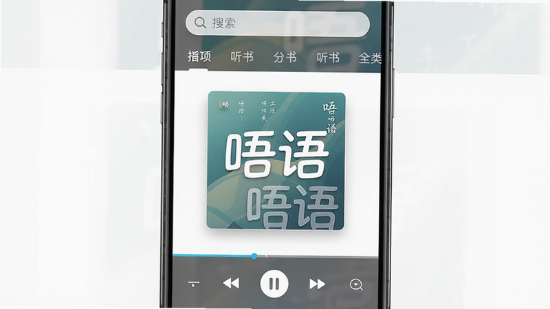 主体:唔语手机应用界面,展示听书播放页面,布局:中央显示书籍封面和播放控制条,排版:上方有搜索栏和分类导航,风格:扁平化UI,细节:封面有“唔语”水印,画质:高清干净,无多余元素
