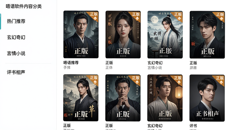 主体:唔语软件内容分类界面,布局:左侧列表显示“热门推荐、玄幻奇幻、言情小说、评书相声”等分类,排版:网格状展示书籍封面,风格:清新简约,细节:每个封面角标显示“正版”字样,画质:干净高分辨率,无多余元素