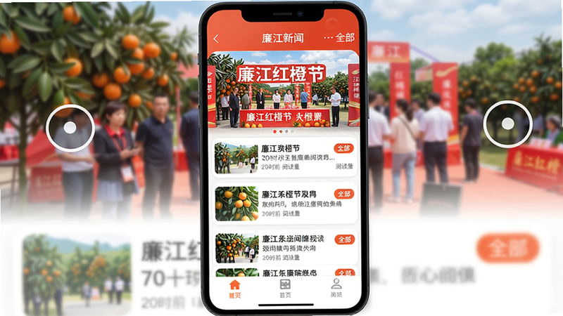 主体:红橙廉江APP新闻资讯页面;布局:手机屏幕分为顶部轮播图与下方信息流列表,轮播图显示廉江红橙节活动现场照片,列表条目包含缩略图与标题摘要;排版:顶部有“廉江新闻”导航栏,底部Tab栏高亮“首页”;风格:卡片式设计,圆角边框,信息层次分明;细节:每条新闻旁显示发布时间和阅读量,右上角有“全部”分类按钮;画质:高清,明亮,无多余元素。