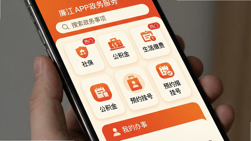 主体:红橙廉江APP政务服务界面;布局:手机屏幕以网格图标排列服务项,包括“社保”、“公积金”、“生活缴费”、“预约挂号”等,每个图标下方有文字标签;排版:顶部搜索框内默认显示“搜索政务事项”,底部有“我的办事”快捷入口;风格:米白底色搭配橙色圆角卡片,清新简约;细节:部分图标右上角带有“热门”红色角标;画质:高分辨率,无多余装饰元素。