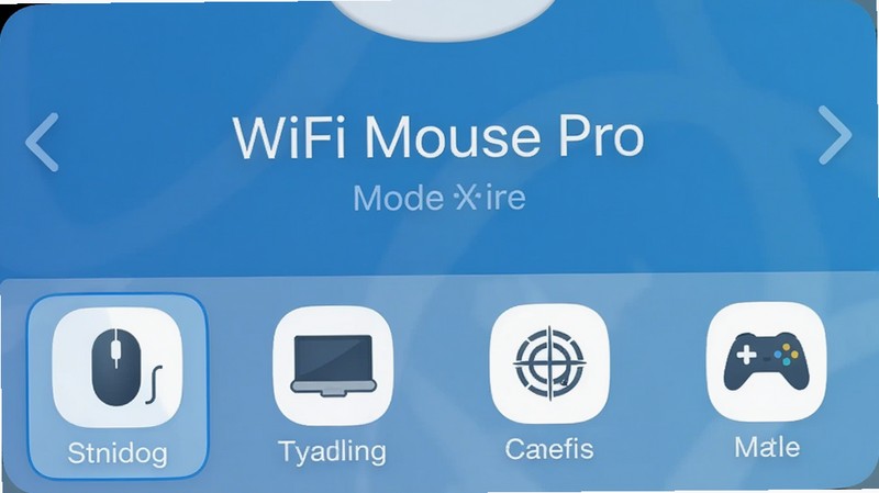 一张手机横屏截图,主体为WiFi Mouse Pro模式切换界面,底部有四个图标依次代表鼠标、触控板、多媒体、手柄,当前选中鼠标模式高亮,背景渐变蓝色,图标下方有文字标签,整体风格清爽干净,画质细腻,无多余元素