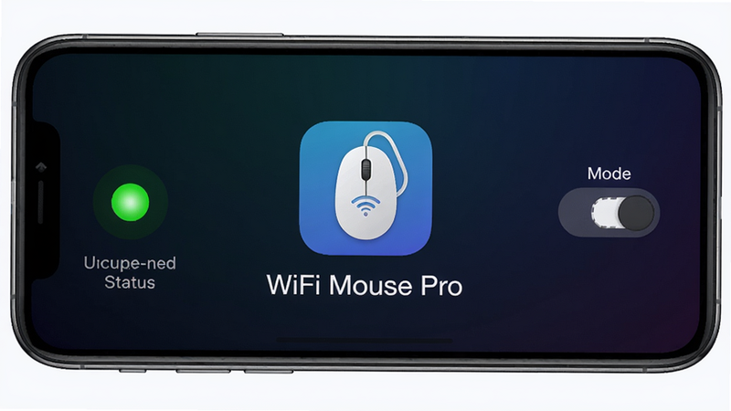 一张展示WiFi Mouse Pro软件主界面的截图,主体为手机屏幕居中,显示软件图标和名称“WiFi Mouse Pro”,左侧有连接状态指示灯,右侧有模式切换按钮,背景为深色渐变,整体布局简洁现代,风格科技感,画质清晰明亮,干净无多余元素