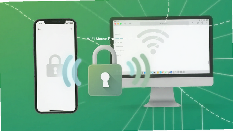 一张安全锁图标与WiFi Mouse Pro结合的示意图,主体为手机和电脑之间有一个加密锁图标,背景绿色渐变,代表安全,整体简洁科技风,画质干净,无多余元素