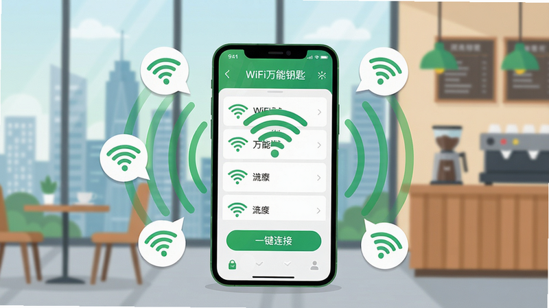 一幅描绘现代都市生活的数字插画,画面中央是一部智能手机,屏幕上显示WiFi万能钥匙应用的主界面,界面中有绿色WiFi信号列表和“一键连接”按钮,周围环绕着多个WiFi信号图标和绿色网络波纹,背景是模糊的城市天际线和咖啡厅内景,整体风格扁平清新,色彩以绿色和白色为主,画质高清,干净无多余元素,文字标注“WiFi万能钥匙”预览图。