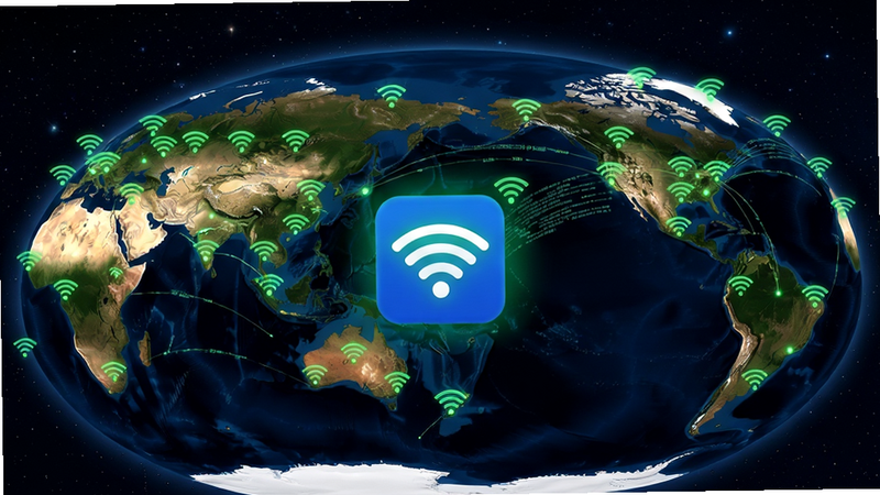 一张信息图风格的全景地球图像,地球表面分布着无数绿色WiFi信号标记,亮光闪烁,中心突出WiFi万能钥匙图标,背景深邃星空,数据流线连接各大洲,画质细腻,干净背景,文字“WiFi万能钥匙”预览图。