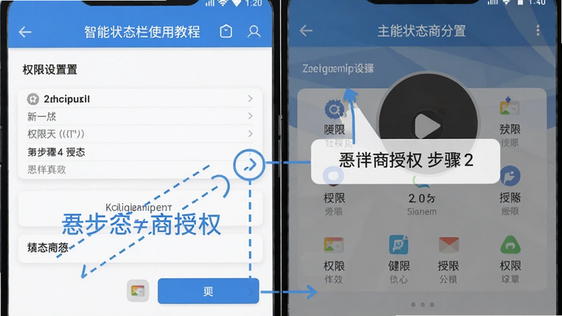 智能状态栏使用教程截图,展示权限设置界面和主界面功能分布,手机屏幕截图,标注了悬浮窗授权步骤,布局清晰,文字说明,画质干净,无多余元素