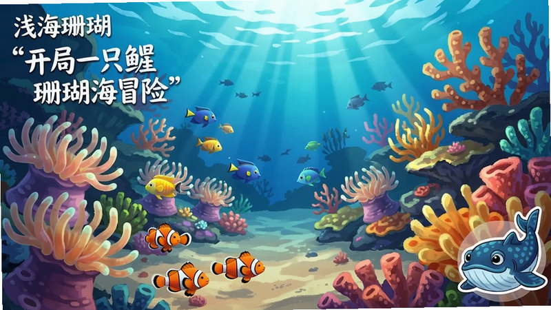 主体:游戏场景五彩斑斓的珊瑚礁,有海葵、小丑鱼、光线从水面射下 布局:宽景横向构图 风格:手绘风格,色彩明亮丰富 细节:右下角有鲲的缩略头像,左上角显示场景名称'浅海珊瑚' 画质:超高清,无多余UI干扰 文字:'开局一只鲲 珊瑚海冒险'