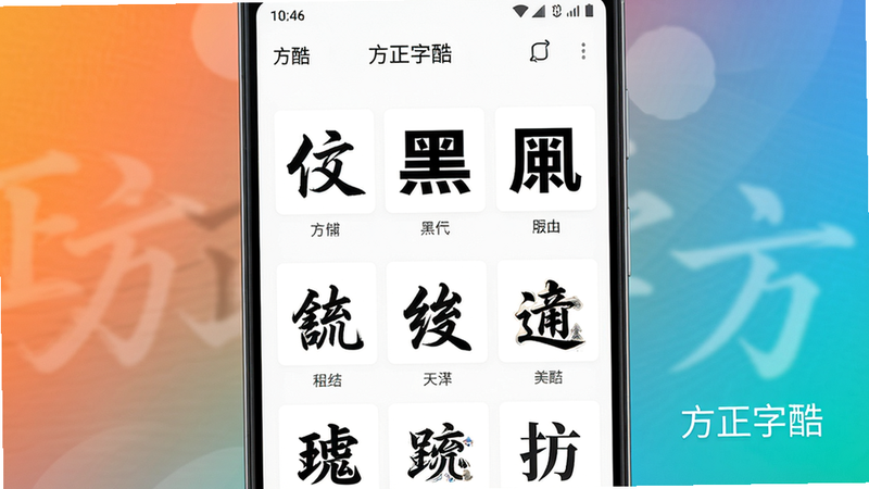 画面中央展示一部安卓手机屏幕,屏幕上显示“方正字酷”应用界面,界面中排列着多种字体预览样例,如楷体、黑体、艺术字等,背景为渐变色,风格简约现代,画质高清,干净无多余元素,文字标注“方正字酷”。